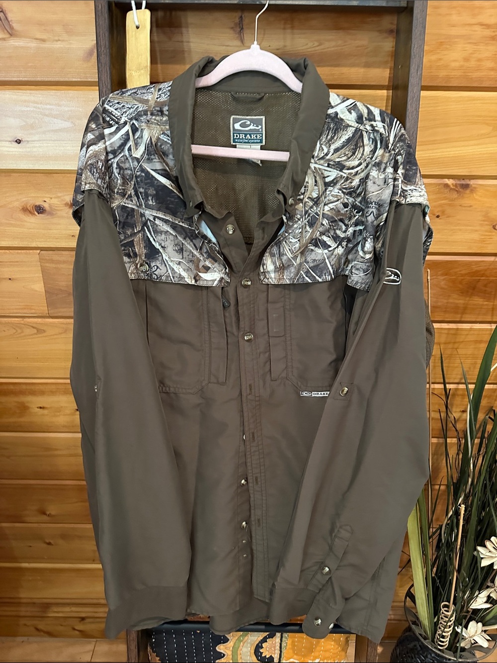 Drake Olive and Realtree Camo Men's Button-Down Field Shirt